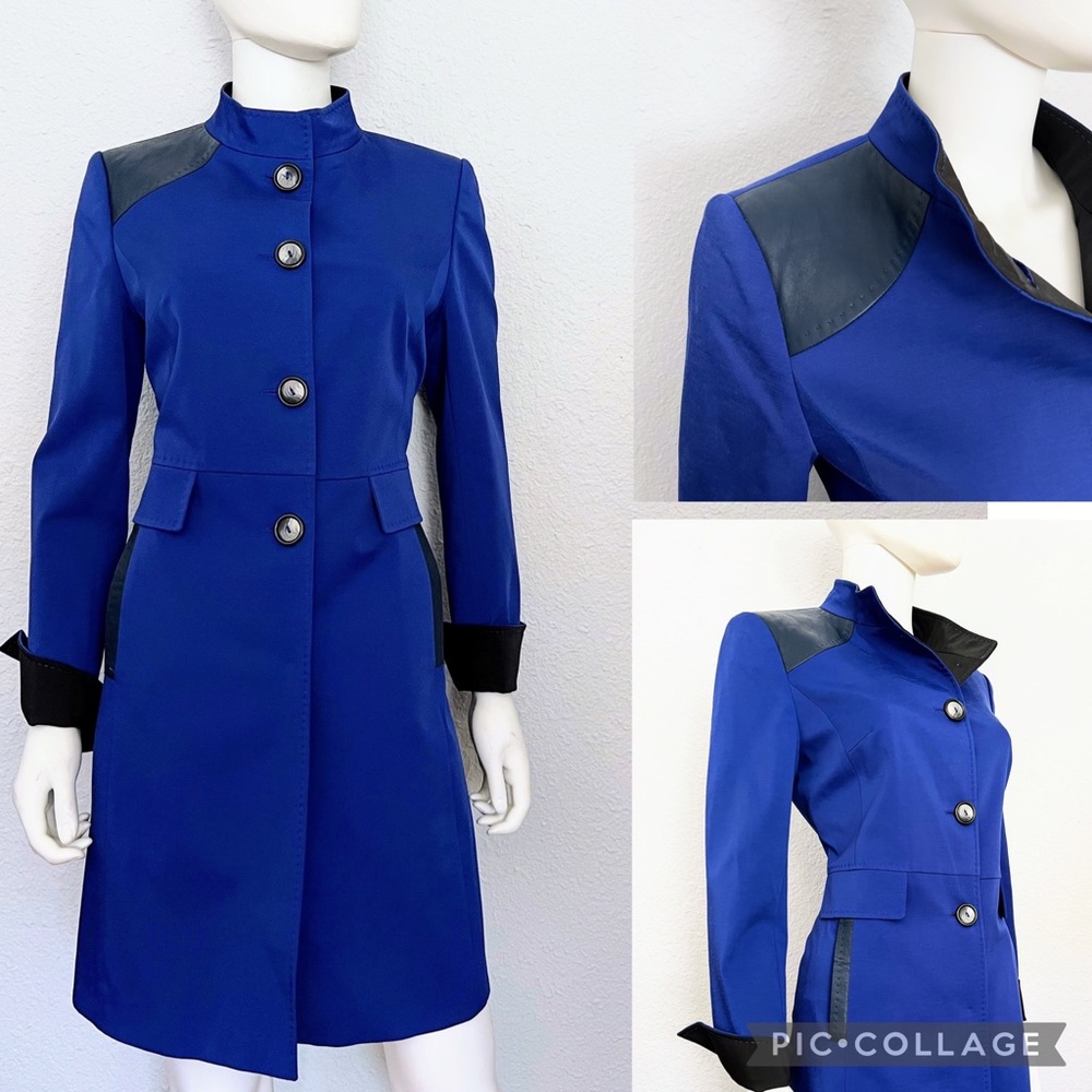 SALE💥NWT WOMEN TRENCH COAT SINGLE-BREASTED‎ STAND-UP COLLAR LEATHER ROYAL BLUE